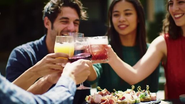 A group of friends, including individuals of Hispanic and Asian descent, share laughter and raise glasses while enjoying delicious tapas outdoors during a sunny afternoon
