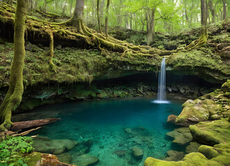 Naklejka premium Enchanted Forest Pool with Waterfall and Mossy Rocks