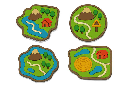 Colorful play mats featuring nature scenes with mountains, rivers, and houses for imaginative playtime activities