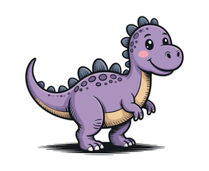 Obraz premium Cute Purple Cartoon Dinosaur with Spikes and Spots Smiling on a White Background for Children s Illustration and Design Projects
