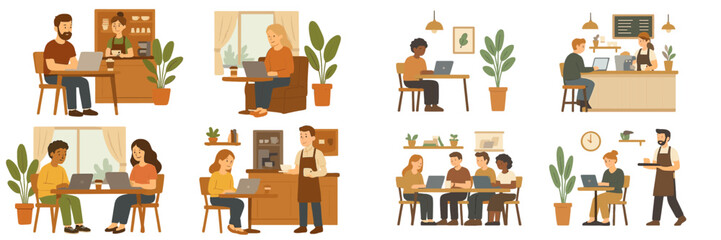 Creative individuals engage in collaborative work and leisurely moments in a vibrant coffee shop setting throughout the day