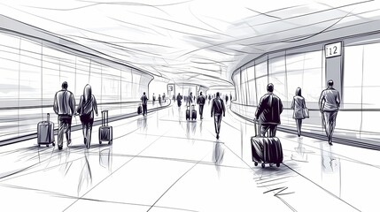 Airport terminal walkway with travelers.