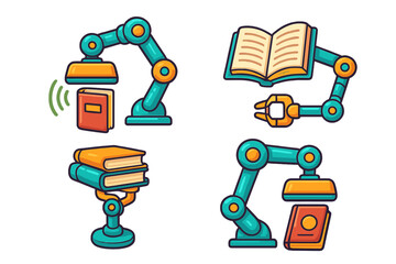 Innovative robotic arms assisting in book management and reading at a futuristic library