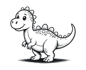 Cute Cartoon Dinosaur Illustration in Black and White Outline Style Perfect for Children s Coloring Books and Educational Materials Isolated on White