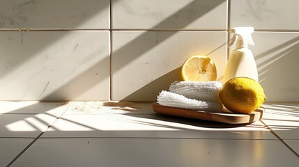 Natural Cleaning Still Life: Lemons, White Towels, and a Spray Bottle Bathed in Bright Sunlight with Square Tile Backdrop