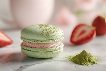 A close up of a green macaron with pink filling and strawberries on a marble surface near powder
