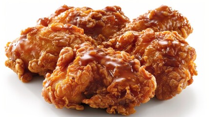 The fried chicken to a golden brown and coated in a rich, glossy sauce, likely sweet and savory.