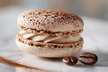 Close up of a coffee flavored macaron with cream filling and coffee beans on a white surface near powder
