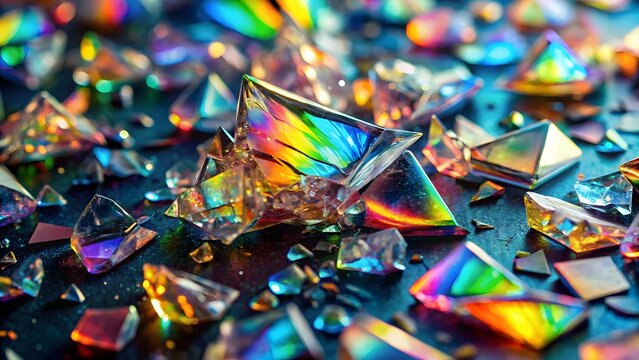 Photo of a dazzling collection of multifaceted crystals and gemstones, refracting light into a vibrant spectrum of rainbow colors, creating a mesmerizing and luxurious abstract pattern