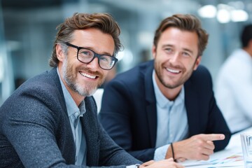 Fototapeta premium Two smiling businessmen collaborating in a modern office