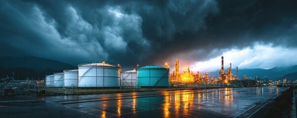 Fototapeta premium Industrial oil storage tanks under dramatic storm clouds at night with reflections