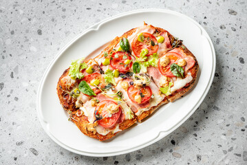 Rectangular gourmet pizza with fresh tomato slices, cheese, greens, and herbs on a white plate, styled on a textured gray background, top view.