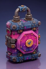 Futuristic purple lockbox with galactic theme and vibrant metal accents