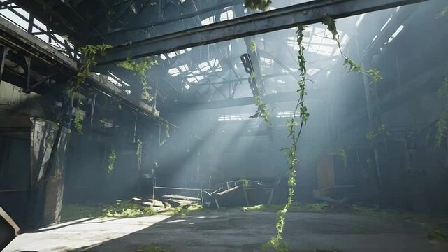 Desolated industrial building covered in vegetation after apocalypse