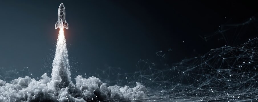 Rocket launch amidst digital mesh representing innovation and futuristic technology