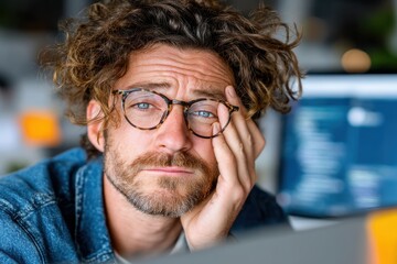 Tired man sitting in office with a frustrated expression on his face