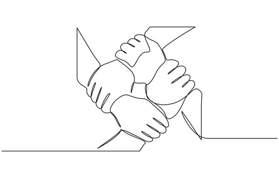 One continuous line drawing group of young male and female business people unite their hands together, People unite their hands together continuous line drawing isolated background for Teamwork.