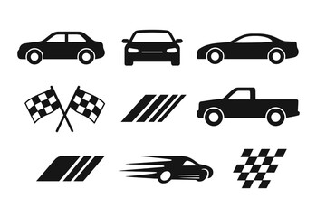 Collection of race car icons featuring different designs, patterns, and racing flags in black silhouettes