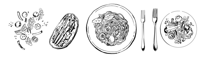 Hand drawn line food illustration vector. Pasta, bruschetta, forks, vegetable salad