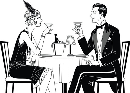 Elegant couple toasting at a table in black and white art deco illustration