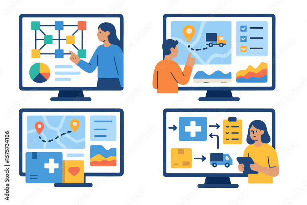 Poster visual representation of digital workflow and project management in a modern office environment