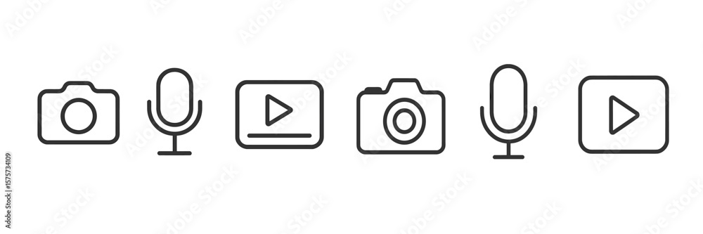 Poster different types of media icons with camera, microphone, and play button displayed on a simple backgr
