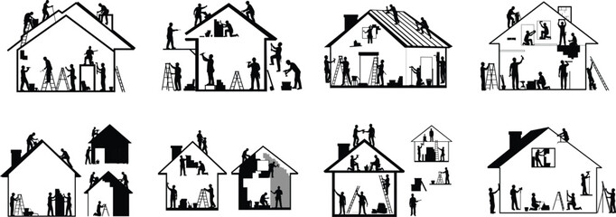 House Construction Silhouette Set - People Building, Renovating, and Repairing Homes with Teamwork