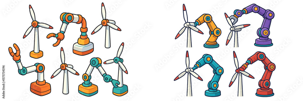 Poster clever robots assembling wind turbines in a colorful, animated factory setting during daylight