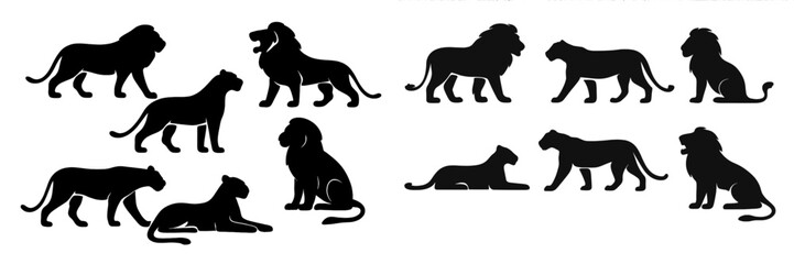 Different poses of lions and tigers in black silhouette against a white background showcasing their grace and strength