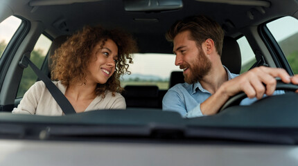 Young couple smiling and talking while driving in a car  