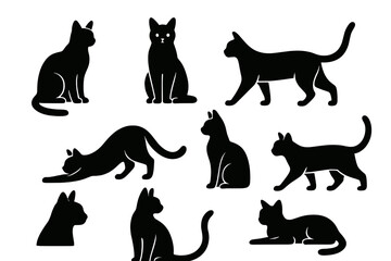 Variety of silhouettes showcasing different cat poses and movements against a plain background