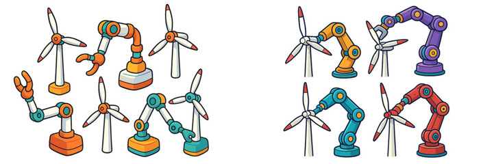 Clever robots assembling wind turbines in a colorful, animated factory setting during daylight