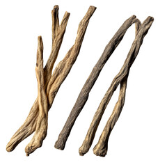 Licorice root (mulethi) twisted sticks, dry texture, isolated on transparent background
