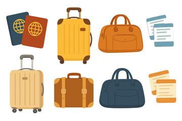 Travel essentials featuring different types of luggage, passports, and travel documents arranged creatively