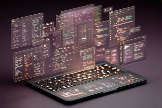 Abstract visualization of a laptop with dynamic holographic interface windows - Powered by Adobe