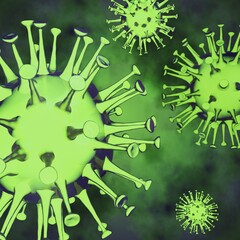 Green viruses, viral infectious disease, 3d render with dark background.
