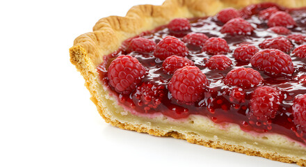 Delicious homemade raspberry dessert: a fresh fruit tart or creamy cheesecake on a white plate
