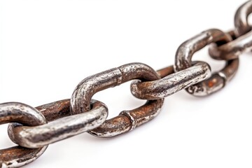 Obraz premium Detailed close-up view of a rusty metal chain link showcasing texture, color variations, and wear on a clean white background for use in design and industrial projects