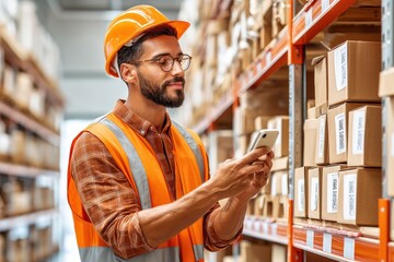 Worker inspecting inventory using smartphone for QR code scanning in warehouse