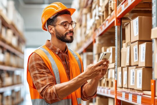 Worker inspecting inventory using smartphone for QR code scanning in warehouse