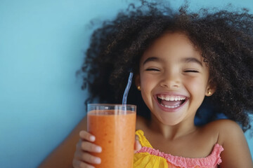 Joyful child enjoying a healthy orange smoothie against a bright blue background