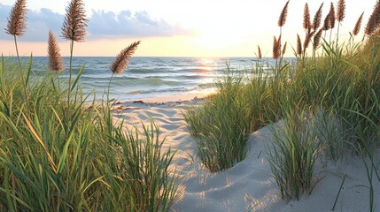 Beach path at sunset landscape