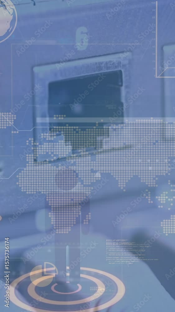 Poster animation of data processing over network of connections with icons and scope scanning