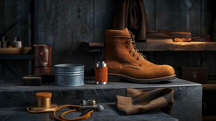 Rustic Still Life with Leather Boot and Cleaning Kit Displayed in a Cozy, Well-Lit Workshop Setting