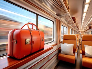Fototapeta premium Elegant orange suitcase on a train seat in a moving compartment