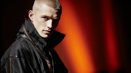 A young man with a buzz cut, wearing a black leather jacket, stares intensely into the camera against a warm orange backdrop. The mood is edgy and mysterious.