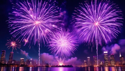 A city skyline is lit up with purple fireworks