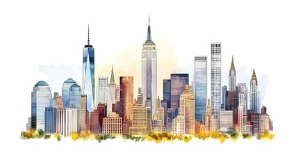 Naklejka premium Watercolor illustration of the new york city skyline.