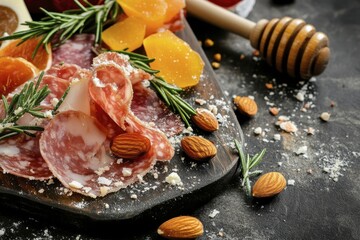Gourmet charcuterie board with salami, nuts, fruits, and honey drizzle