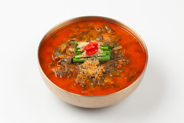  Eel soup is a spicy stew made with chopped eel, dried radish greens, dried pollack, bracken, green onions, and red peppers.
 